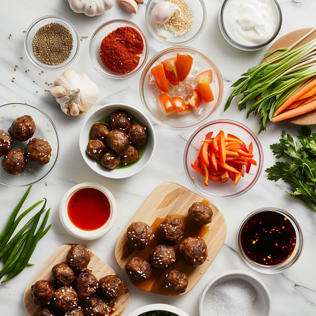 Korean BBQ Meatballs with Roasted Vegetables Savory ingredients