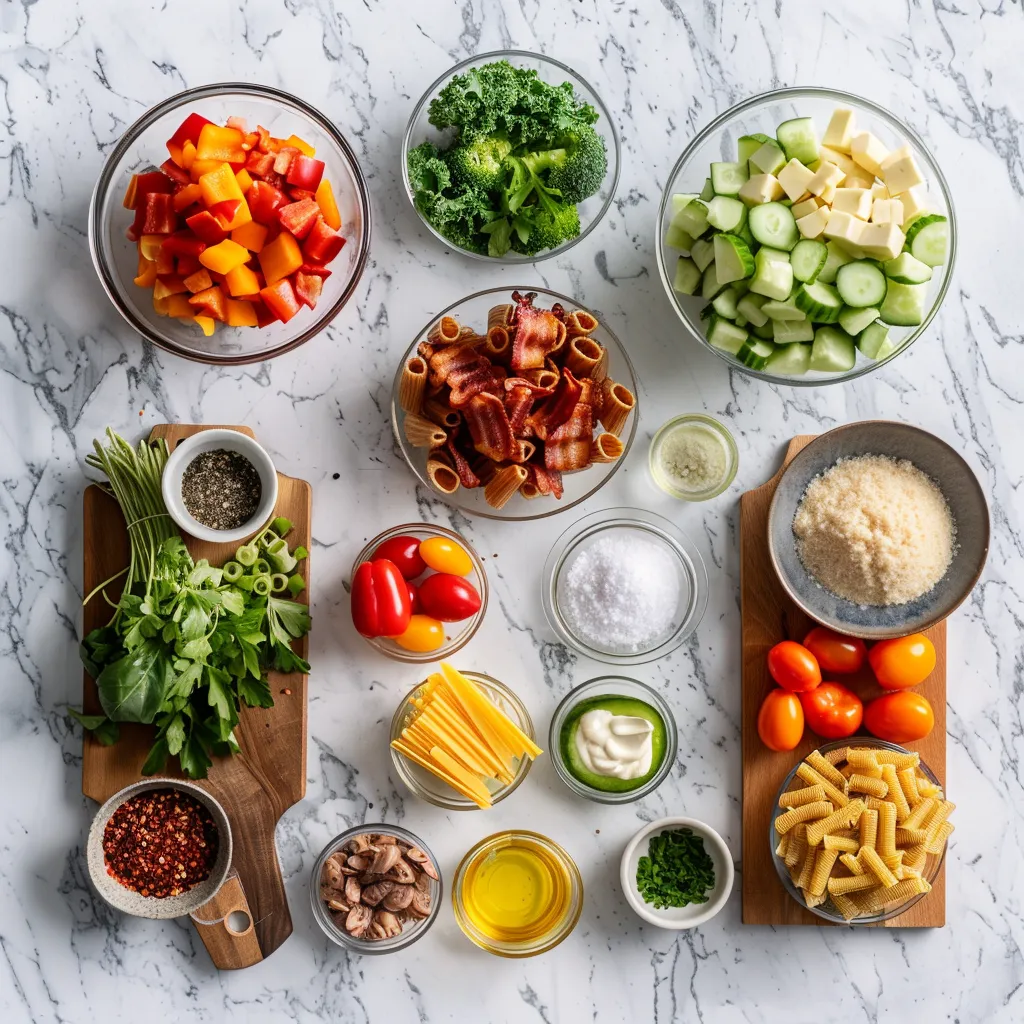 Luscious Ranch Pasta Salad with Bacon ingredients