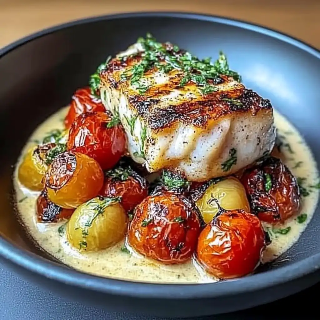 Charred Grilled Cod with Zesty Dill Sauce & Roasted Tomatoes
