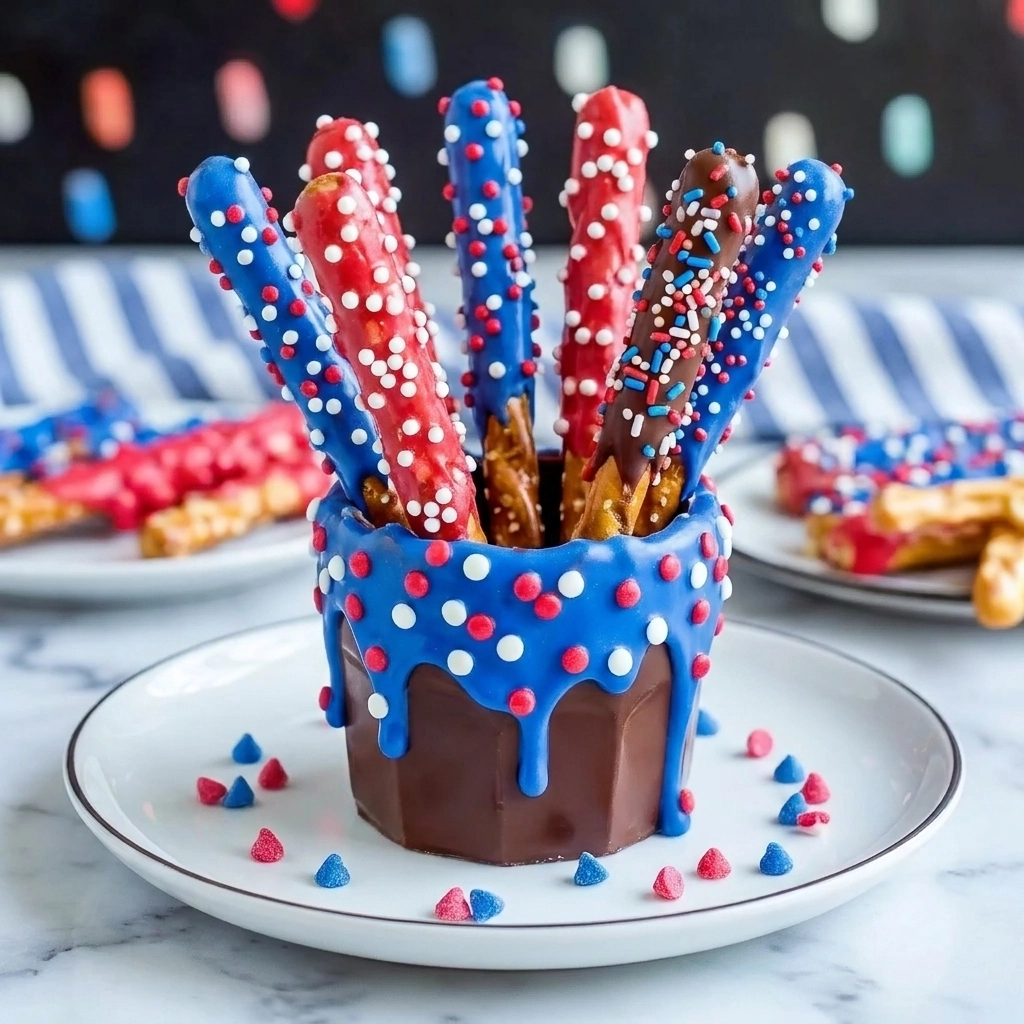 Red, White & Blue Chocolate Pretzel Rods for July 4th