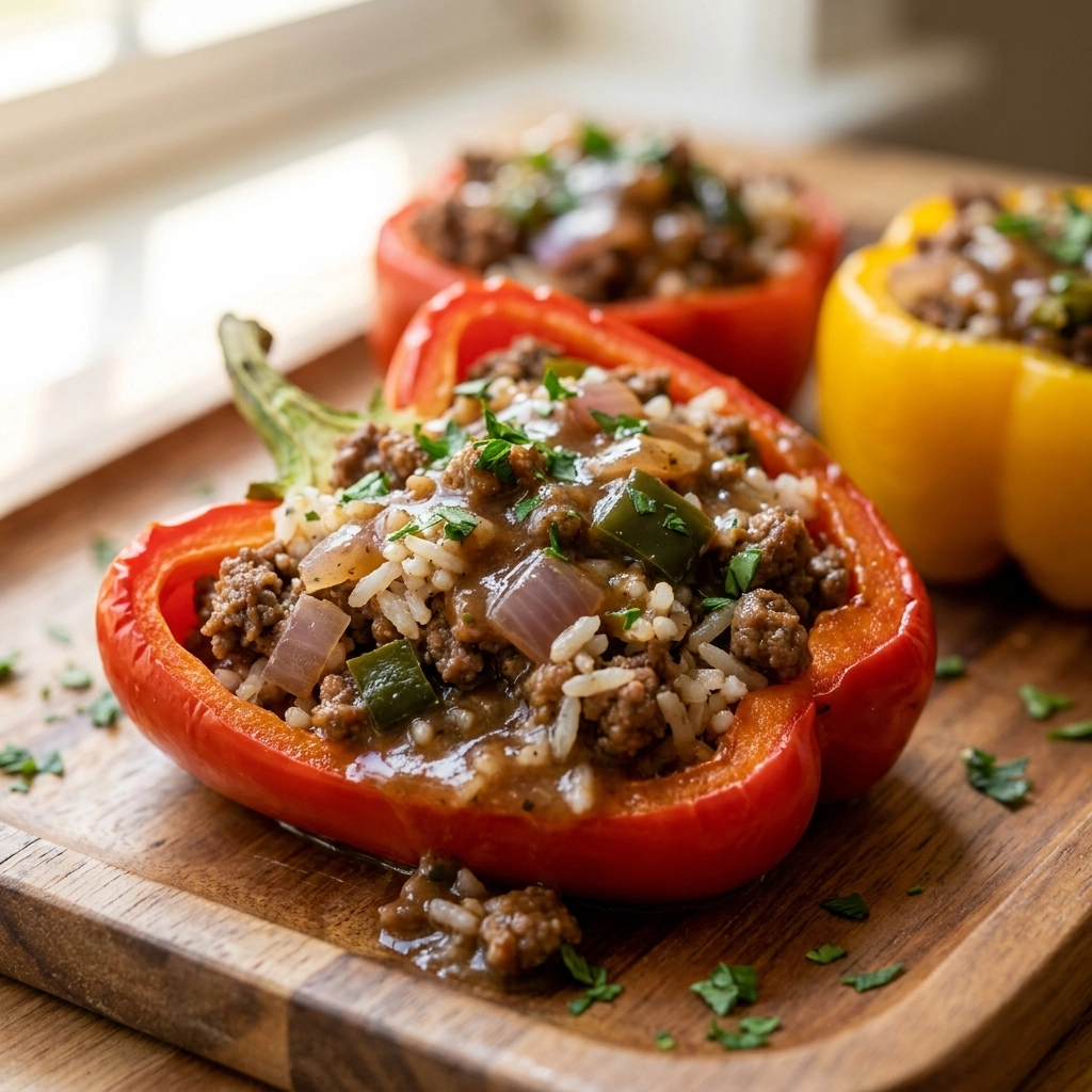 Easy Slow Cooker Ground Beef Stuffed Bell Peppers Without Tomato Sauce Recipe | Healthy