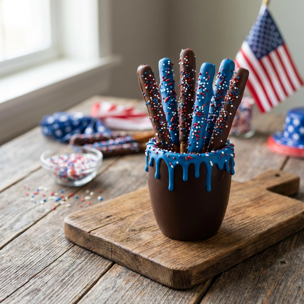 Red, White & Blue Chocolate Pretzel Rods for July 4th