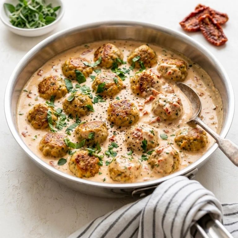 Baked Turkey Pesto Meatballs with Sun Dried Tomato Alfredo Sauce | Easy Dinner Idea