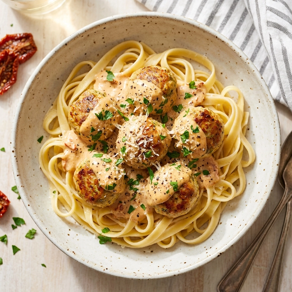 Baked Turkey Pesto Meatballs with Sun Dried Tomato Alfredo Sauce | Easy Dinner Idea