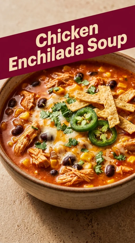 A bowl of chicken enchilada soup topped with shredded cheese, sliced avocado, fresh cilantro, and a dollop of sour cream.