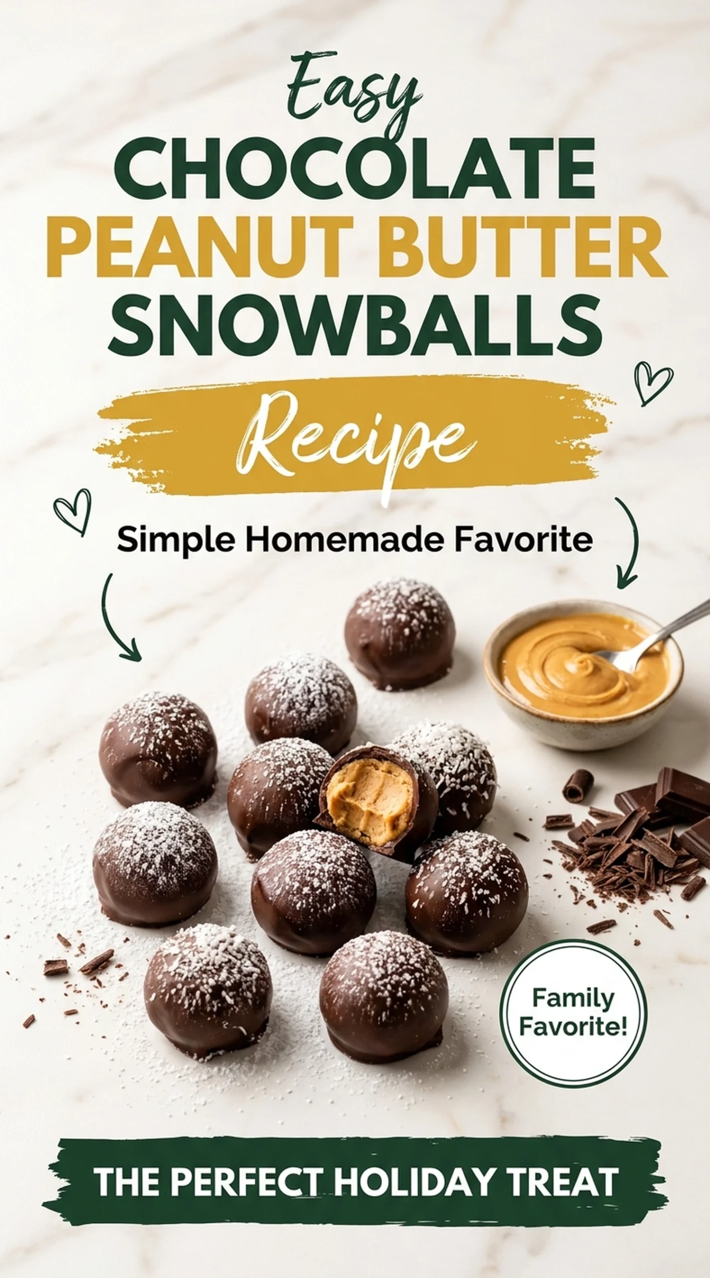 Round chocolate peanut butter truffle balls coated in powdered sugar, piled on a plate with chocolate drizzle and nuts.