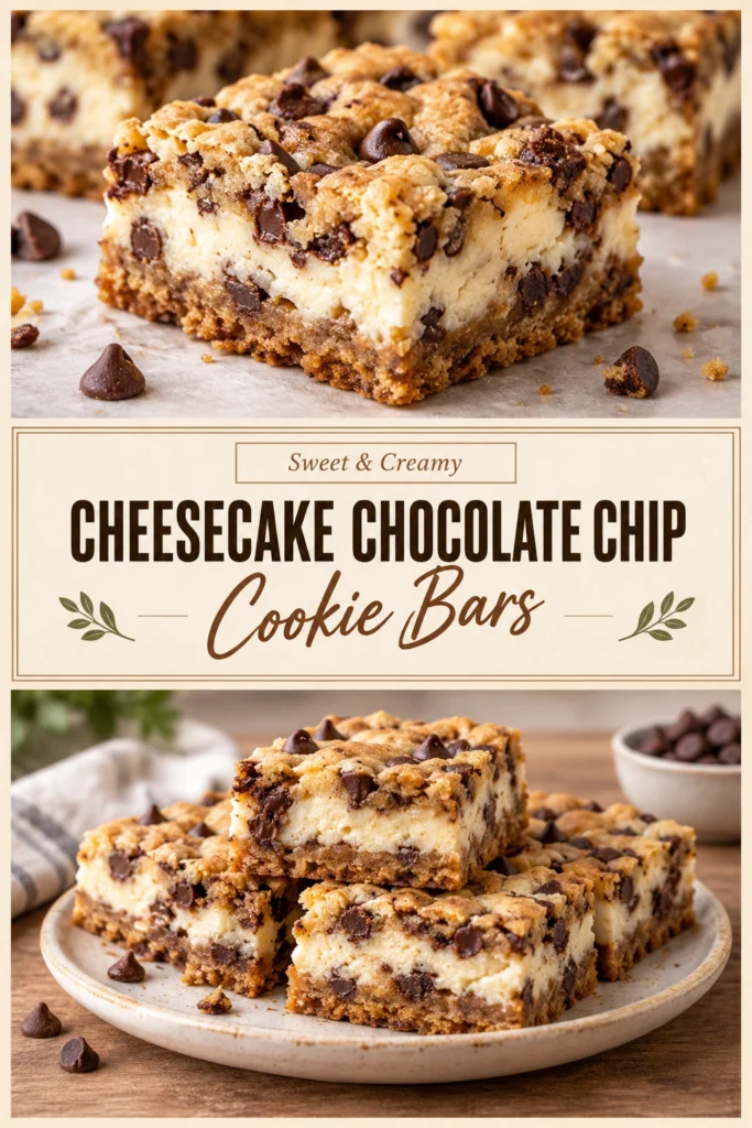 Square cuts of chocolate chip cookie bars topped with a creamy cheesecake swirl and melted chocolate chips.