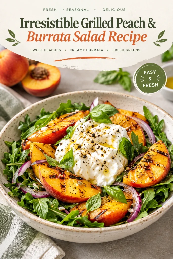 Grilled peach slices and a creamy burrata cheese ball on a bed of arugula, drizzled with balsamic glaze.