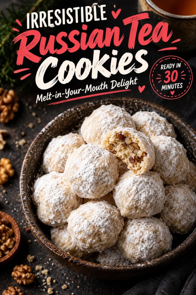 A pile of round, powdered sugar-dusted Russian tea cookies on a platter, showing their soft, melt-in-your-mouth texture.