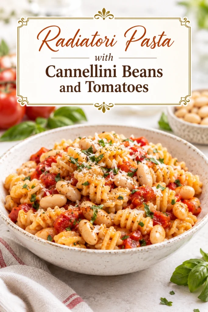 Radiatori pasta tossed with cannellini beans, cherry tomatoes, and fresh herbs in a light sauce, served in a bowl.