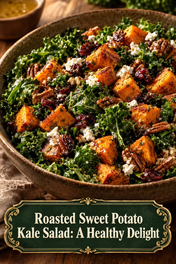 A bowl of kale salad topped with roasted sweet potato cubes, pumpkin seeds, and a light drizzle of dressing.
