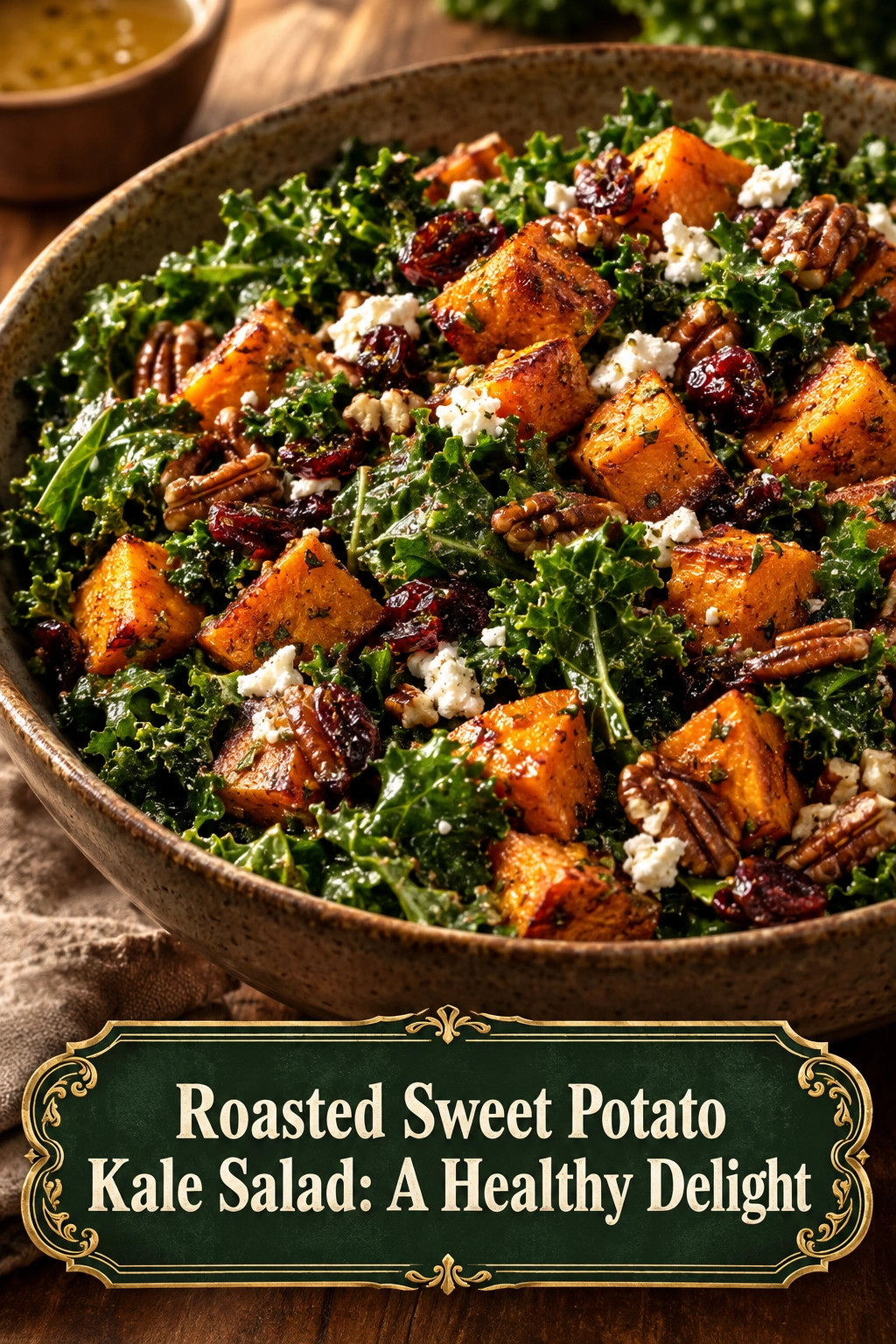A bowl of kale salad topped with roasted sweet potato cubes, pumpkin seeds, and a light drizzle of dressing.