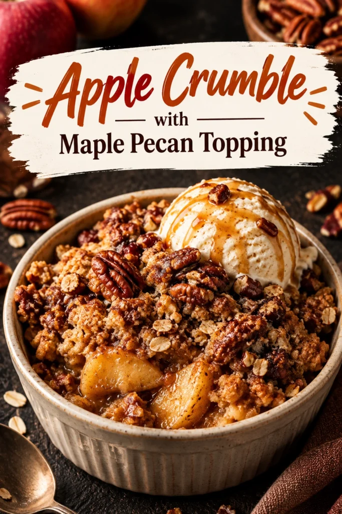 Warm apple crumble in a baking dish topped with a golden brown maple pecan crust and melted butter.