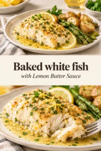 Baked white fish fillets topped with melted lemon butter sauce, fresh parsley, and lemon slices on a white plate.