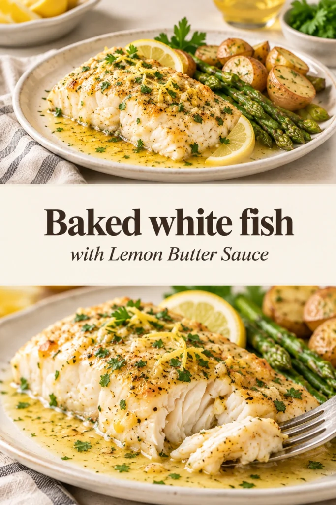 Baked white fish fillets topped with melted lemon butter sauce, fresh parsley, and lemon slices on a white plate.