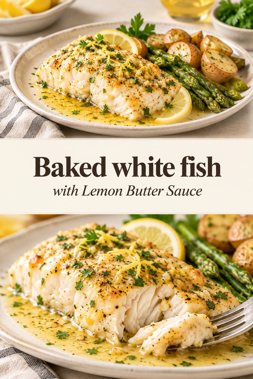 Baked white fish fillets topped with melted lemon butter sauce, fresh parsley, and lemon slices on a white plate.