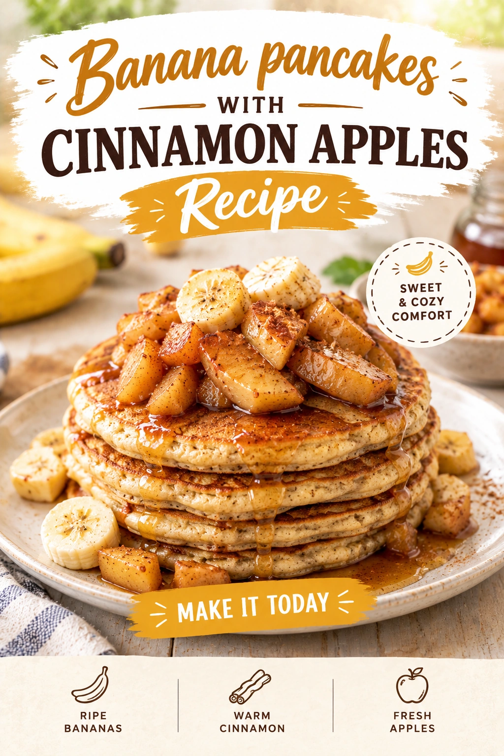 A stack of golden brown banana pancakes topped with sautéed cinnamon apples and a drizzle of maple syrup.