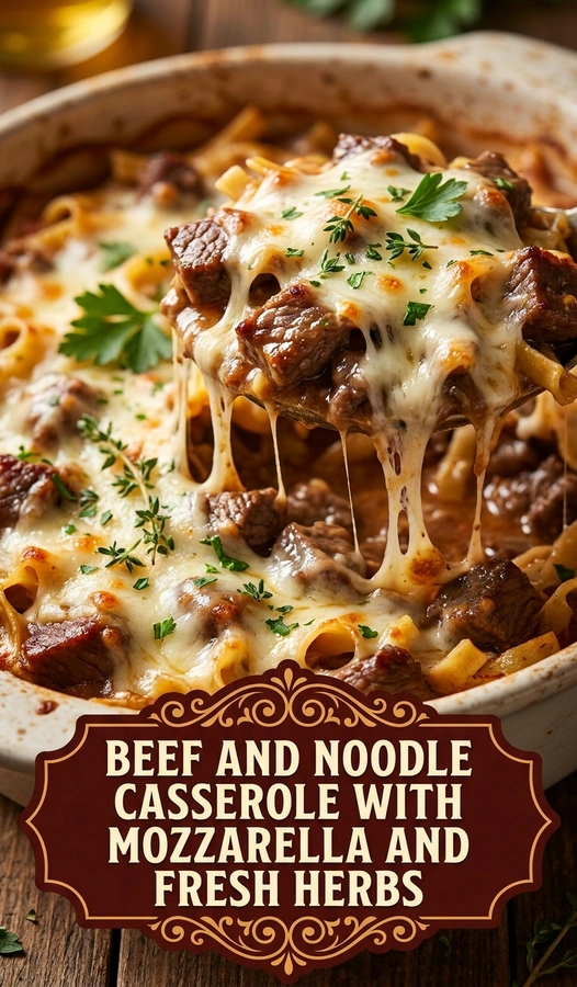 Beef and noodle casserole topped with melted bubbly mozzarella cheese and garnished with chopped fresh parsley in a baking dish.