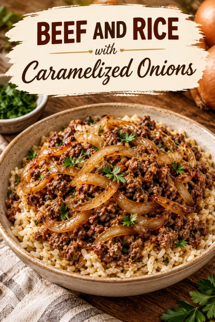 Bowl of savory beef and rice topped with golden brown caramelized onions and fresh parsley garnish.