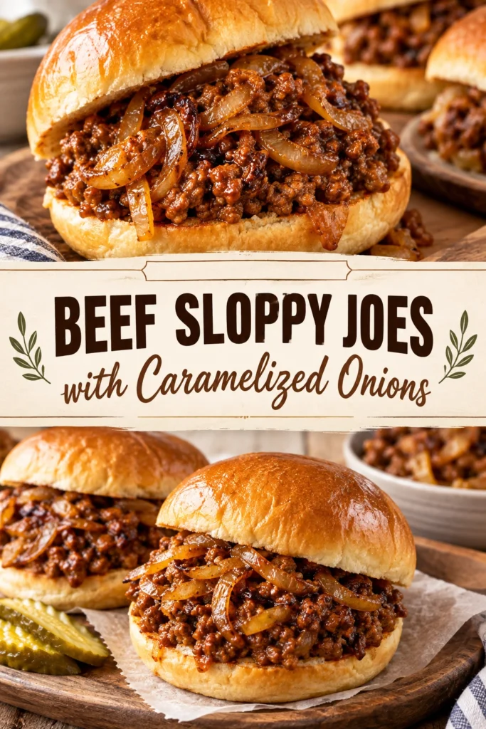 Two toasted buns filled with savory ground beef and caramelized onions, served on a plate with a side of chips.