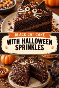 A round cake frosted in black buttercream to look like a cat's face, decorated with orange and purple sprinkles.