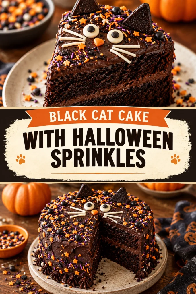 A round cake frosted in black buttercream to look like a cat's face, decorated with orange and purple sprinkles.