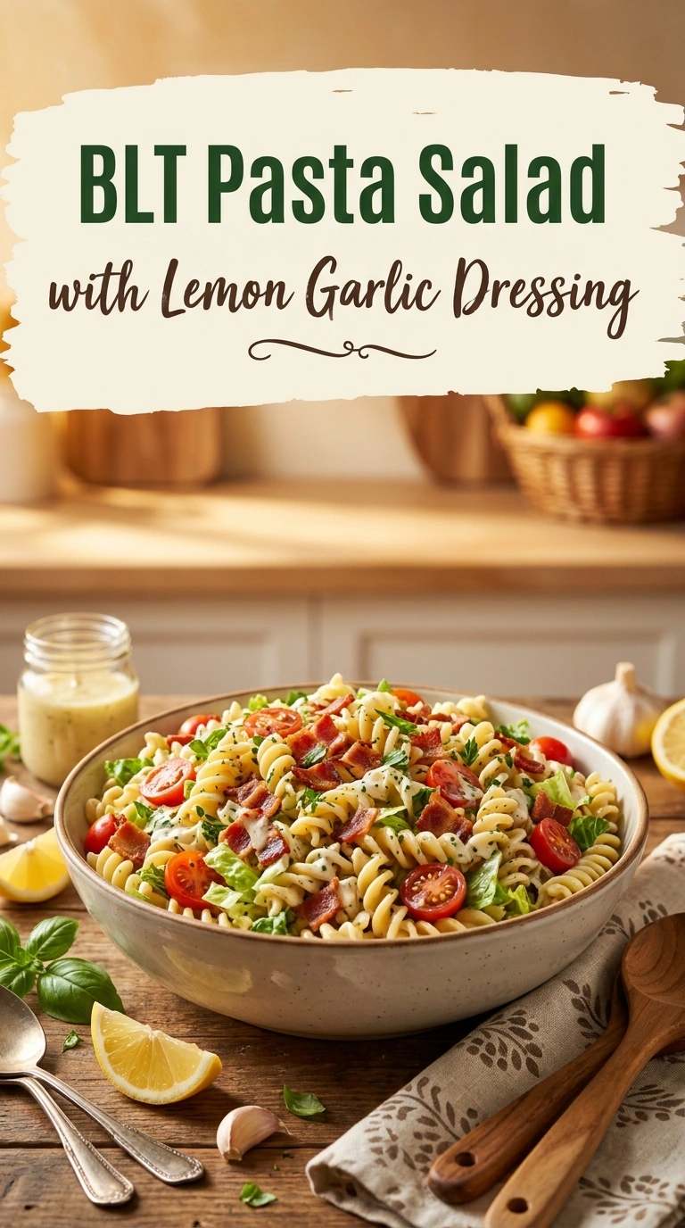 Rotini pasta salad with crisp bacon, cherry tomatoes, fresh lettuce, and a lemon garlic dressing in a white bowl.