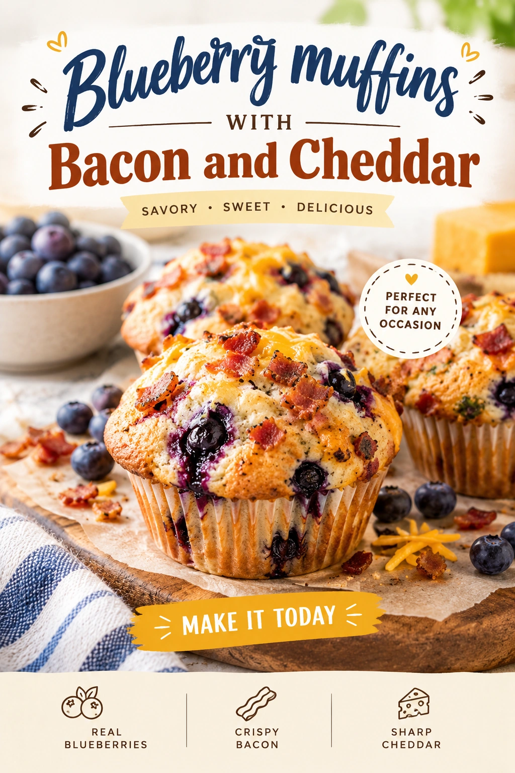 Golden brown blueberry muffins studded with crispy bacon bits and melted cheddar cheese, arranged on a baking sheet.