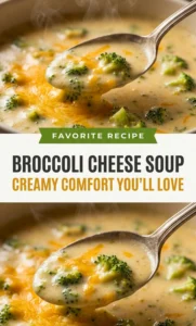 A bowl of creamy broccoli cheese soup topped with shredded cheddar cheese and fresh parsley, served with crusty bread.