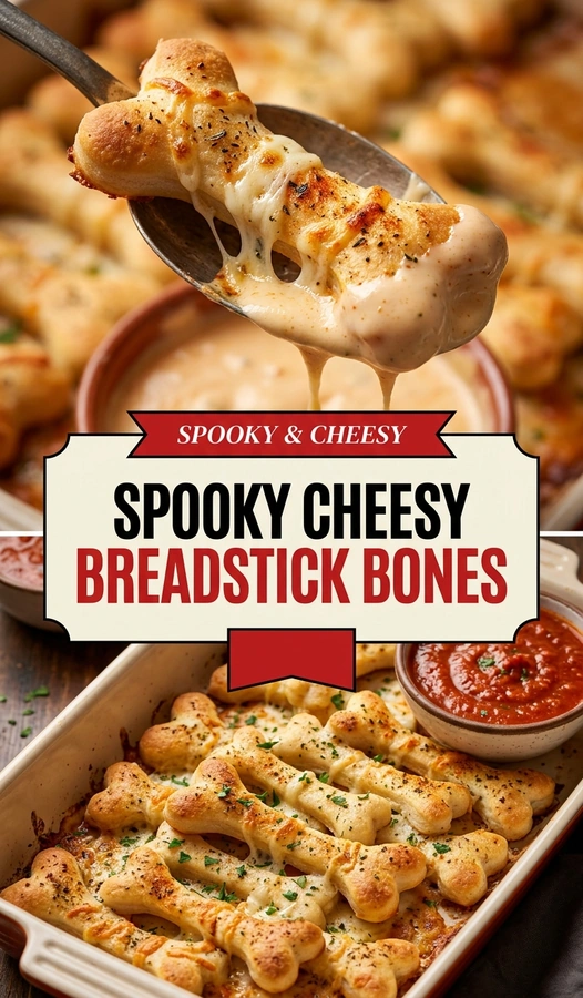 Cheesy breadsticks shaped like human bones, baked golden brown and arranged on a baking sheet for a Halloween treat.