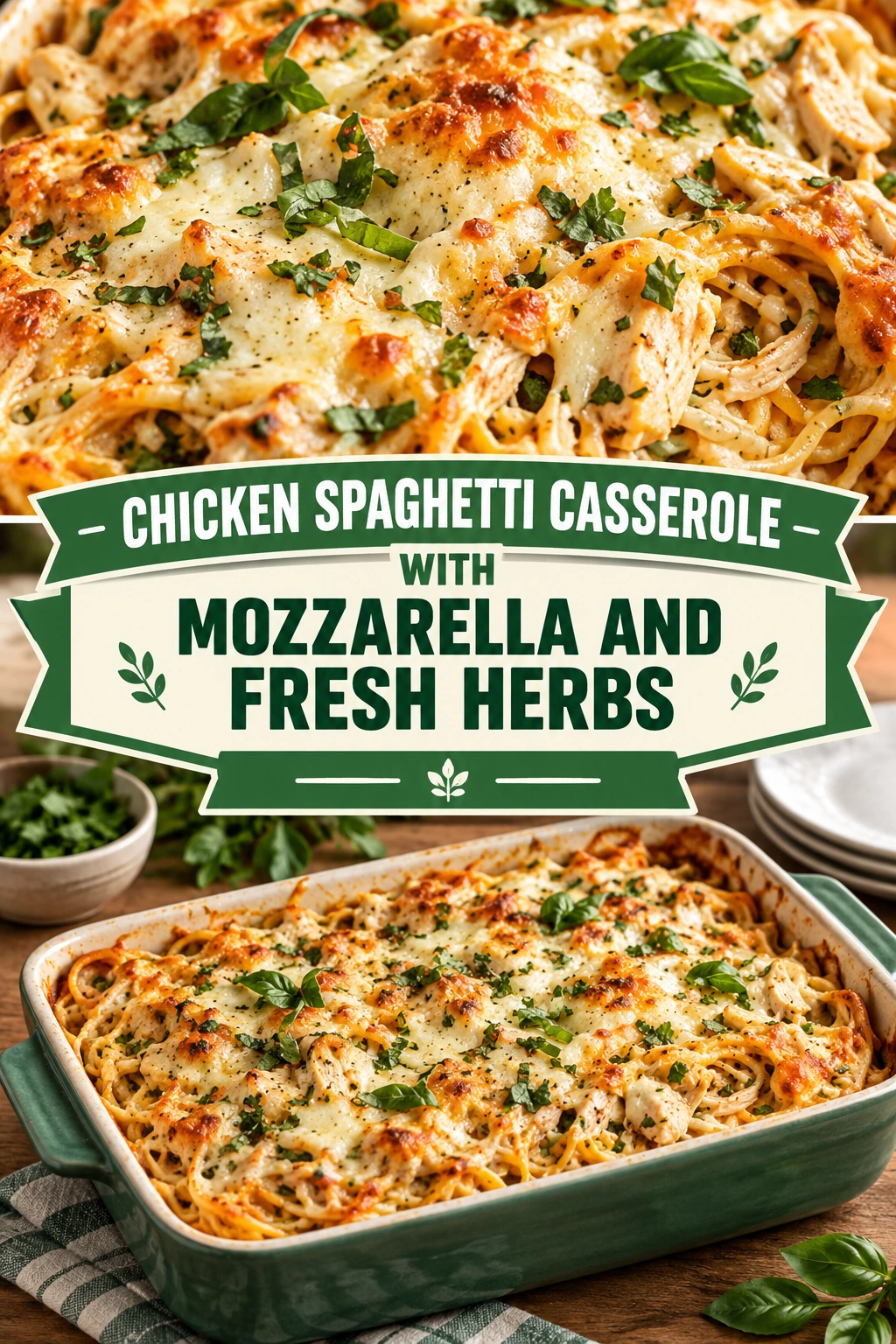 Baked chicken spaghetti casserole topped with melted mozzarella cheese and garnished with chopped fresh herbs in a white baking dish.