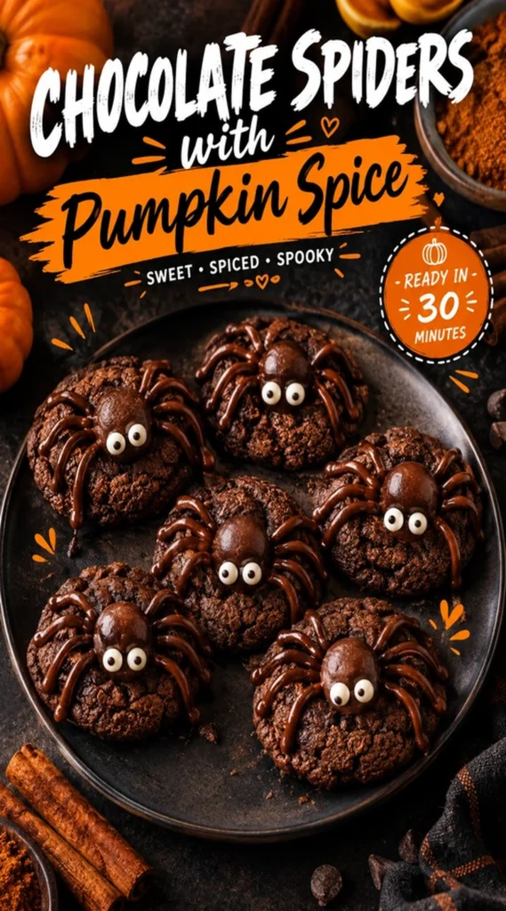 Pumpkin spice chocolate cookies shaped like spiders with pretzel leg accents and candy eyes on a white platter.
