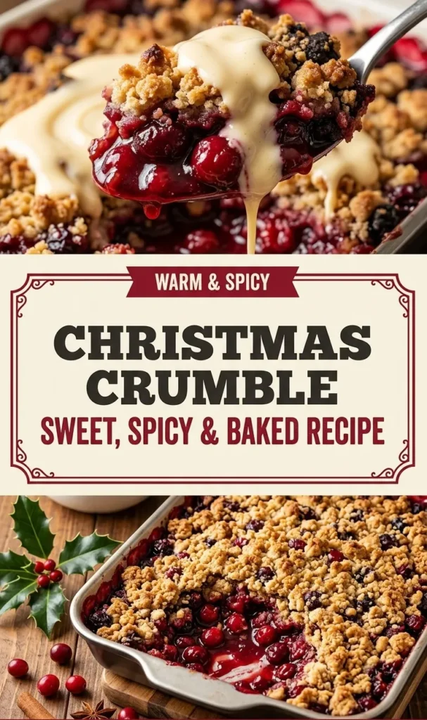 A baking dish of warm fruit crumble topped with golden brown oats and cinnamon, garnished with a sprig of rosemary.