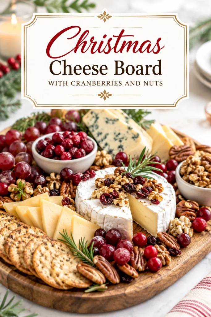 Festive cheese board featuring various cheeses, dried cranberries, mixed nuts, and crackers arranged on a wooden platter.