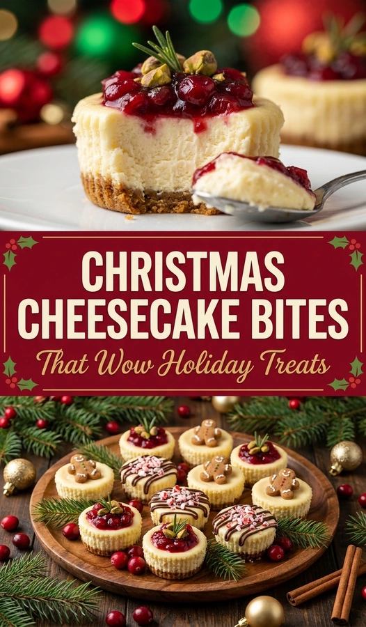 Mini cheesecake bites on a platter, topped with red raspberry coulis and fresh mint leaves for a holiday theme.