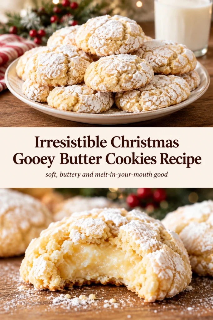 Close-up of gooey butter cookies with soft, melted centers and golden edges, stacked on a festive holiday platter.