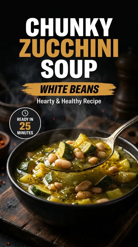 A bowl of hearty zucchini soup with chunks of green zucchini, white cannellini beans, and fresh herbs.