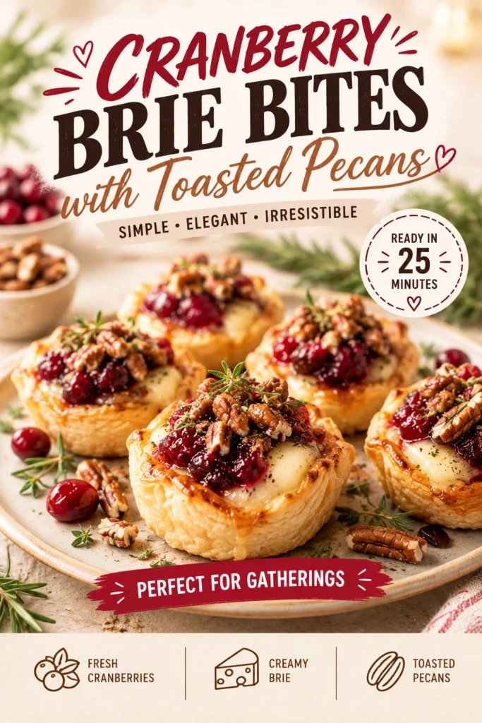 Small pastry cups filled with melted brie cheese, topped with tart red cranberries and toasted pecan pieces on a platter.