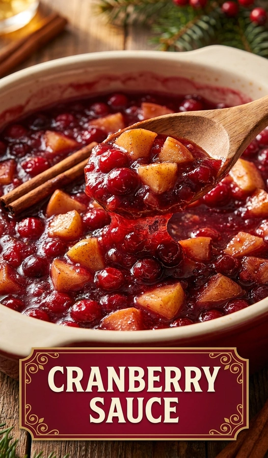 A glass bowl of chunky red cranberry sauce with diced apples, garnished with a cinnamon stick and fresh cranberries.
