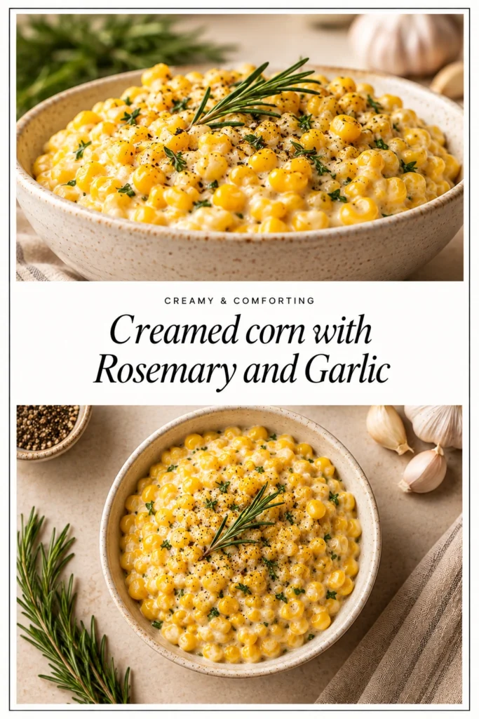 A white bowl of creamy yellow corn garnished with fresh rosemary sprigs and minced garlic on a rustic background.