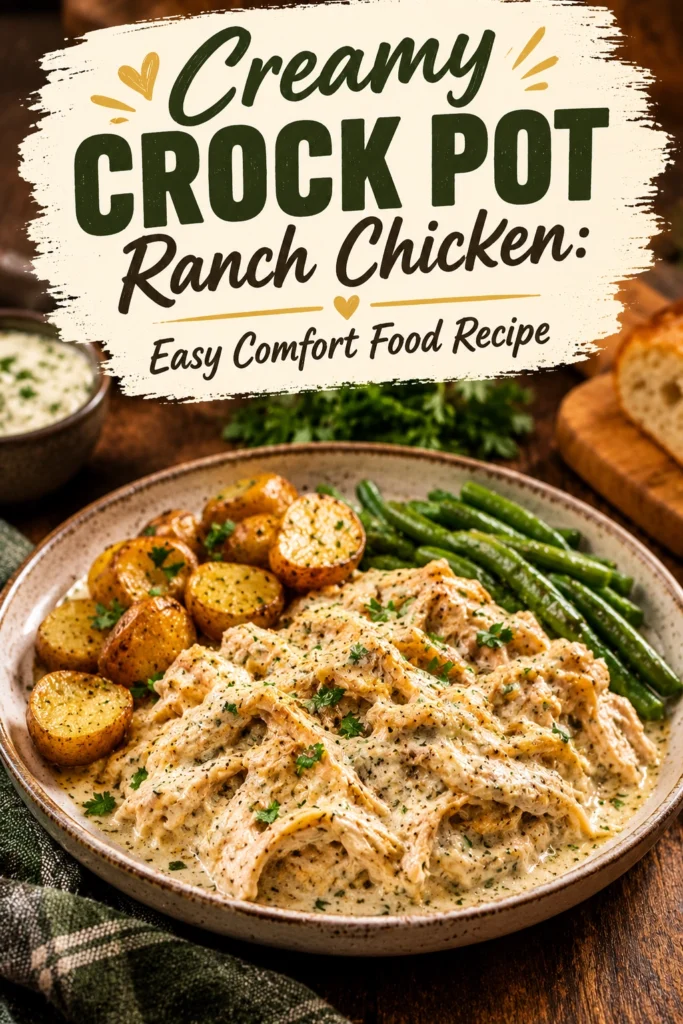 Shredded chicken in a creamy ranch sauce served in a white bowl, garnished with fresh chopped parsley.