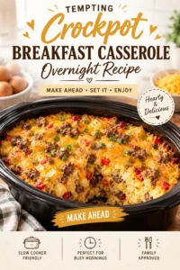Golden brown breakfast casserole with sausage, eggs, and melted cheese served in a slow cooker with a side spoon.