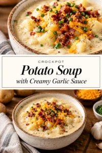A white bowl of creamy potato soup topped with melted cheese, sliced green onions, and crumbled bacon bits.