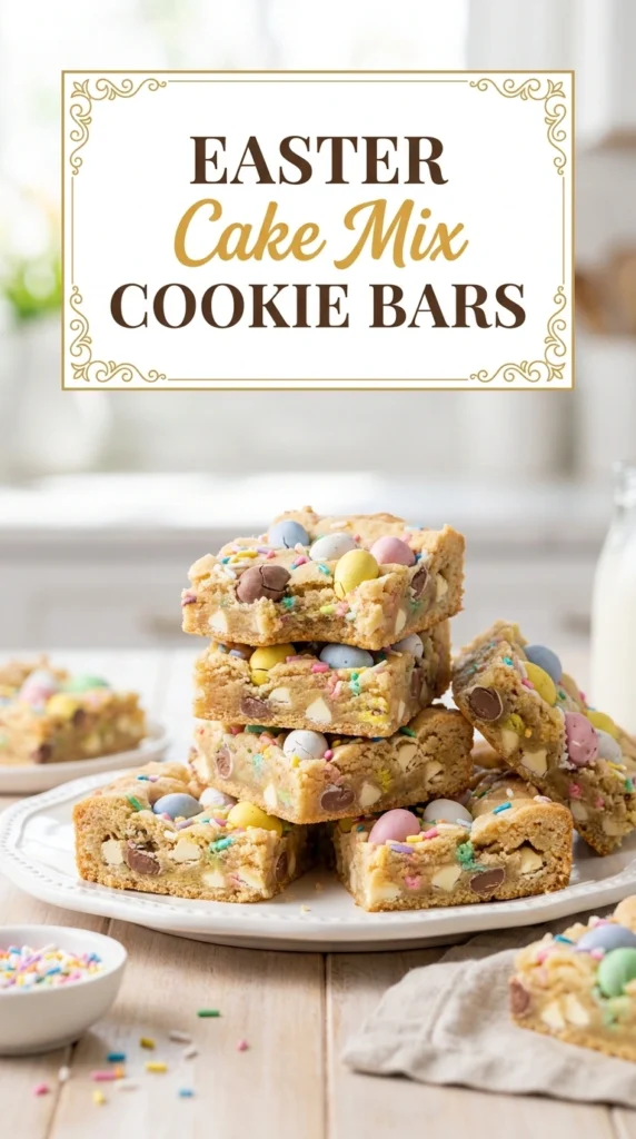 Square-cut pastel pink and yellow cookie bars topped with colorful sprinkles, arranged on a platter for Easter.