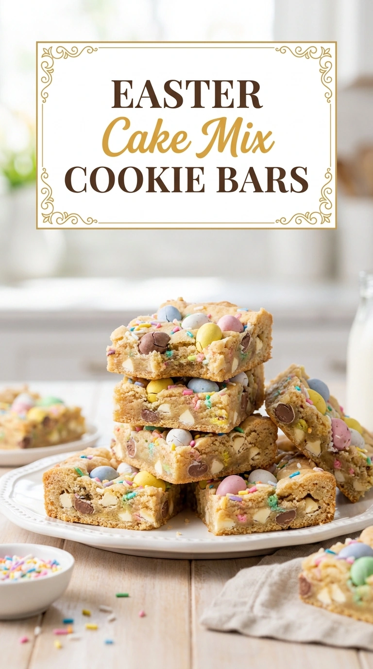 Square-cut pastel pink and yellow cookie bars topped with colorful sprinkles, arranged on a platter for Easter.