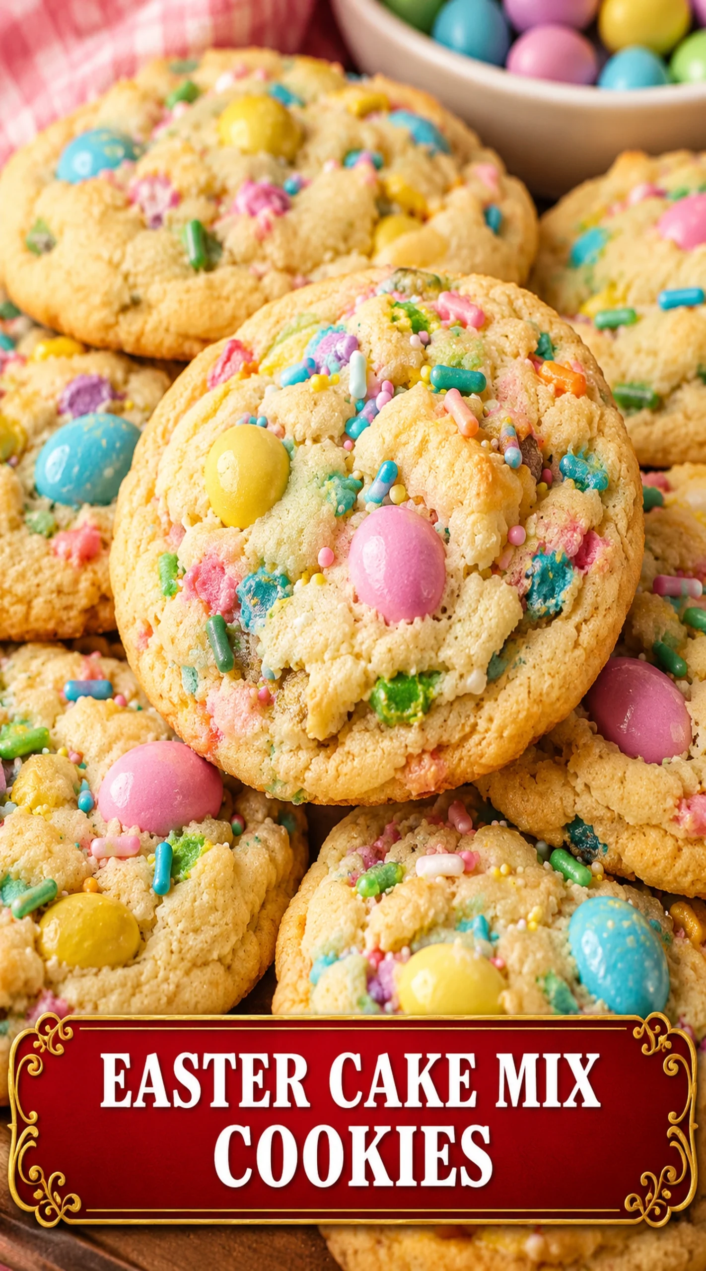 A pile of soft, pastel-colored Easter cake mix cookies topped with colorful sprinkles on a white platter.