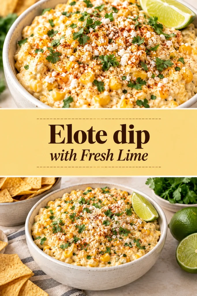 Creamy corn dip in a bowl topped with crumbled cotija cheese, chili powder, cilantro, and a fresh lime wedge.