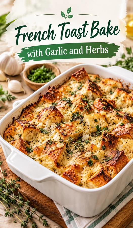 Golden brown savory French toast bake in a baking dish, topped with fresh herbs and minced garlic.