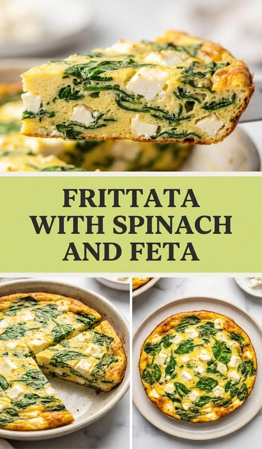 A slice of golden-brown frittata with wilted spinach and crumbled feta cheese served on a white ceramic plate.