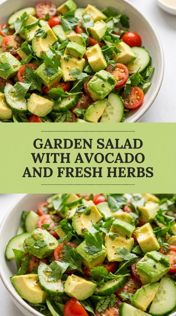 A fresh garden salad with mixed greens, sliced avocado, cherry tomatoes, and chopped herbs in a white ceramic bowl.